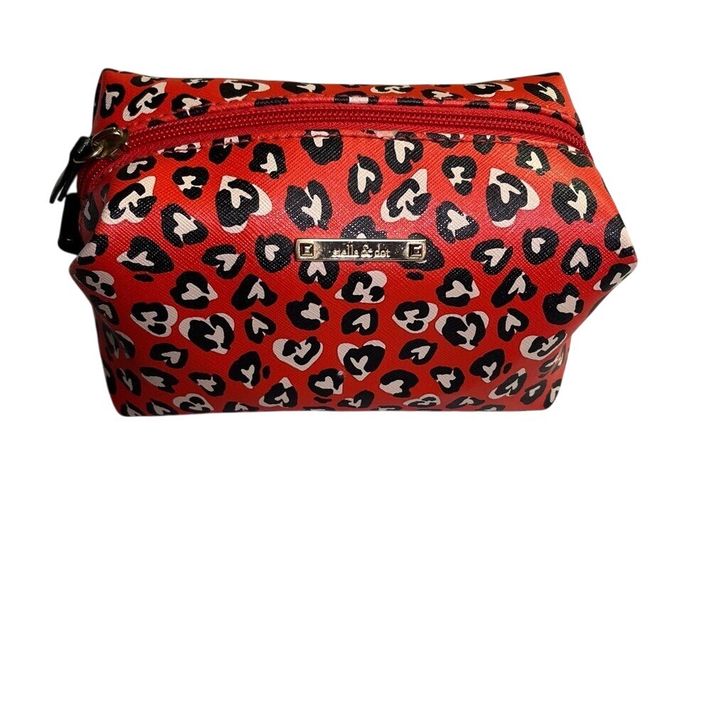 Stella & Dot Red Black & White Leopard Hearts Print Jewelry Bag